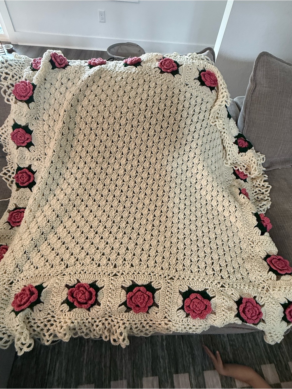 Cream Crochet Throw with Pink Rose Trim - Handmade Floral Accent